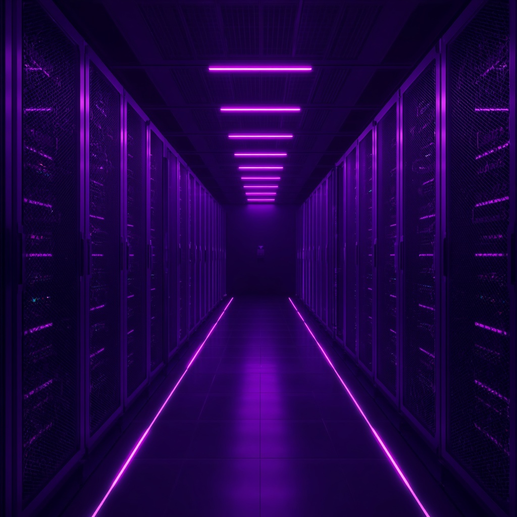 A highly secured server vault space with intense violet lights and neon glowing status lines